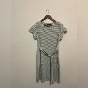 Merokeety Green and White Striped Tie Front Knee Length Scoop Neck T-Shirt Dress